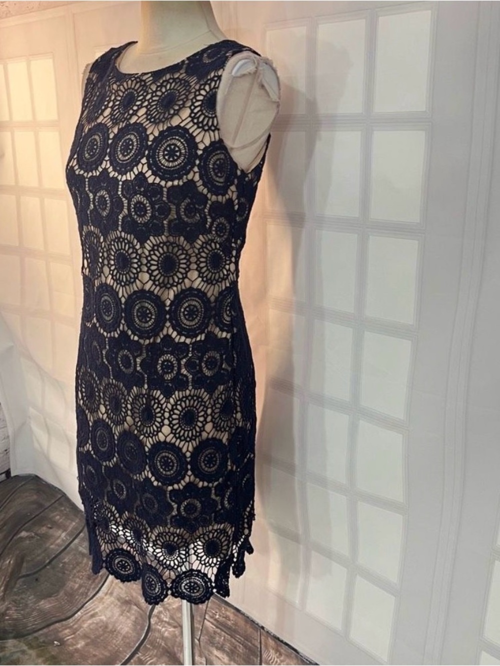 Eliza J Sleeveless Navy Lace Nude-Lined Sheath Overlay Dress Size 4 NWOT - Picture 3 of 10